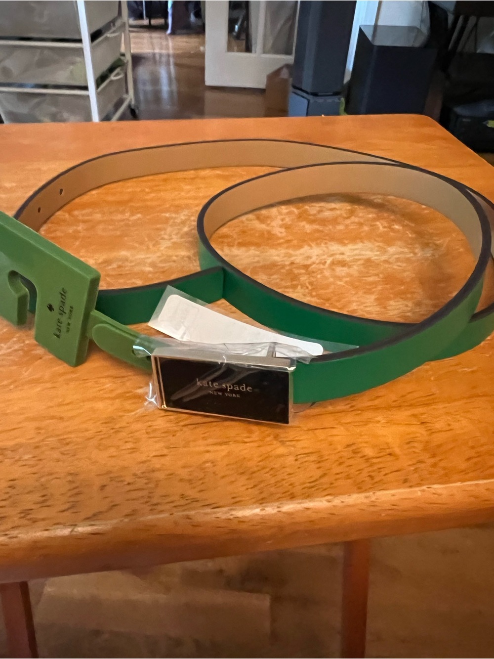 kate spade Emerald Green Leather Belt with Black Trim and Logo Buckle